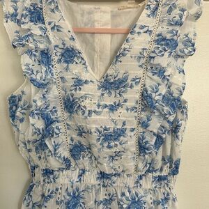 Anthropologie White Blue Floral Eyelet Ruffle Blouse